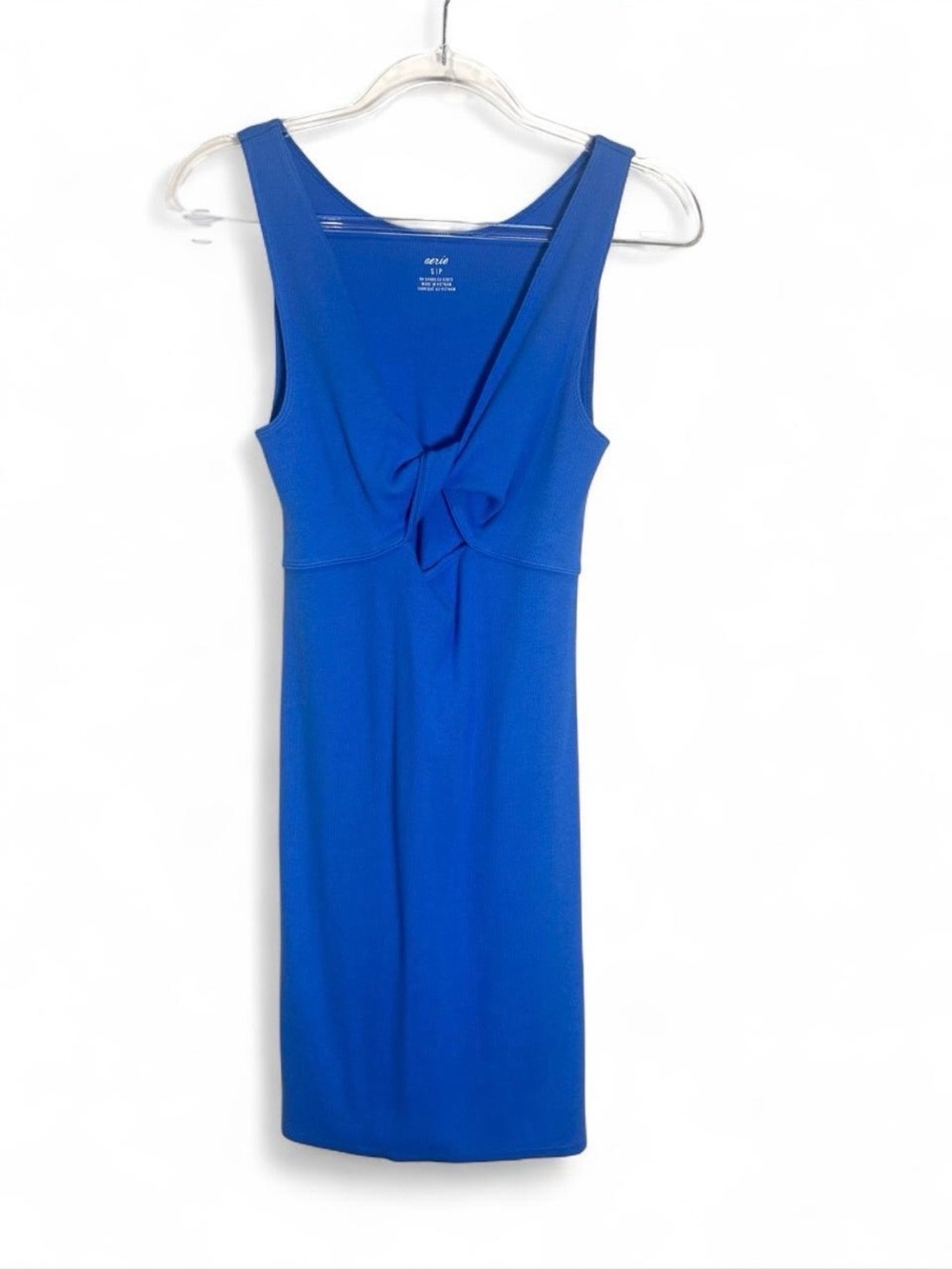 NEW Aerie Tank Dress Ribbed Sleeveless Women Sz S Bow Cutout Blue Cotton Stretch